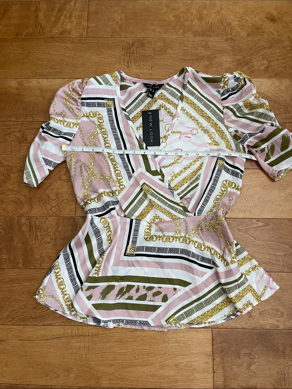 New Look Pink & Olive Chain-Print Peplum Blouse